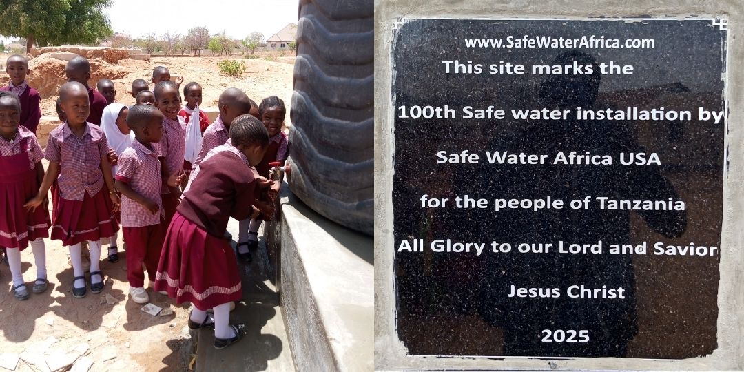 children gather around a water tank with clean water coming out of the faucet